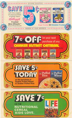 an advertisement for coupons from the 1950's or early 1960s's, featuring five different coupons