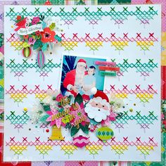 an altered christmas card with santa claus and other holiday decorations on it's side