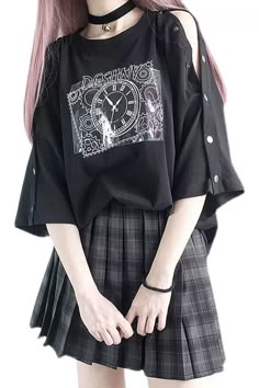 Destiny Clock Print Women T-Shirt Harajuku Aesthetic Estilo Harajuku, Harajuku Aesthetic, Rok Mini, Off Shoulder T Shirt, Shirts For Teens, Plaid Skirt, Harajuku Fashion, Preppy Style