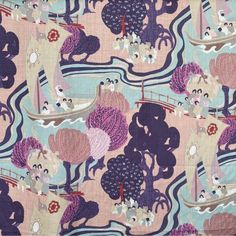 a pink and blue fabric with boats, trees, and animals on the ocean shore