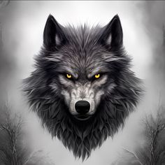 a wolf with yellow eyes is shown in the middle of an image, and it appears to be looking into the distance