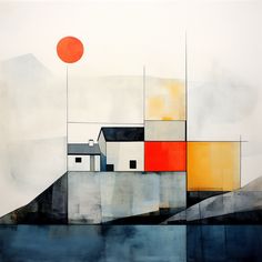 an abstract painting with different colors and shapes on it's surface, including buildings