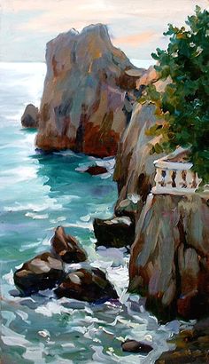 an oil painting of the ocean and rocks