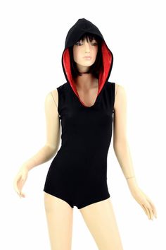 Black Soft Knit Sleeveless Hoodie Romper with Red Metallic Hood Liner 151542 Black Stretch Tank Top For Winter, Fitted Top With Drawstring Hood, Red Athleisure Top With Drawstring Hood, Sporty Red Hooded Top, Sporty Stretch Hooded Vest, Red Fitted Hoodie, Red Hoodie With Adjustable Hood, Fitted Red Hoodie With Drawstring Hood, Sporty Red Top With Double-lined Hood