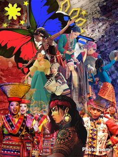 a collage of people dressed in colorful costumes