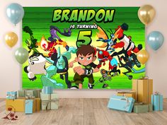 an image of a birthday party with balloons and presents in front of the wall that says brandon is turning 5