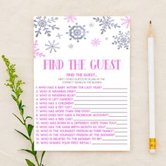 a pink and gray snowflake themed find the guest game on a white background