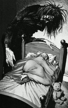 a black and white drawing of a person laying in bed with a teddy bear next to him