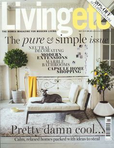 a magazine cover with a cat sitting on a couch in front of a window and potted plant