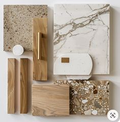 various types of wood and marble are arranged on a white surface with the text below it