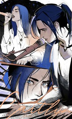 two anime characters with blue hair and one is holding a knife in her hand while the other looks on