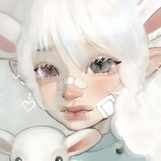 a digital painting of a girl with white hair and bunny ears on her head, looking at the camera