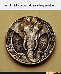 an elephant is depicted on the side of a coin that says, an old nickel carved into something beautiful