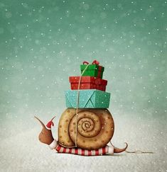 a snail with christmas presents on its back