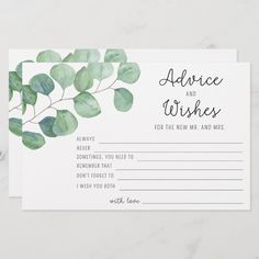 a wedding advice card with eucalyptus leaves on it