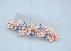 Blue bridal hair comb Something blue hair comb Sapphire blue Crystal hair comb Royal blue wedding Rhinestone hair comb Navy blue hair piece This sparkle rhinestone hair comb features a very beautiful vintage style rhinestone piece. Rhinestone piece can set on a metal barrette or on a metal hair comb. The rhinestone part measures approximately 3.75 X 1 inches. Tone color: - Silver tone - Gold tone - Rose gold tone Finish Style: - Finish hair comb Finish Something Crystal Color : # 1 - Light Ameth Side Comb Wedding Hair, Wedding Core, Gold Hair Comb Wedding, Gold Bridal Hair Comb, Floral Wedding Hair, Light Blue Hair, Wedding Hair Head Piece, Wedding Hair Jewelry, Gold Hair Comb