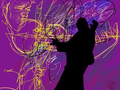 the silhouette of a man holding a violin in front of a purple background with writing all over it