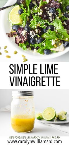 a salad with blueberries and limes in a mason jar next to the recipe