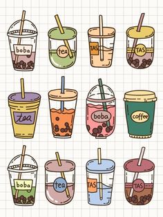 different types of drinks with the words boba written in each one's glasses