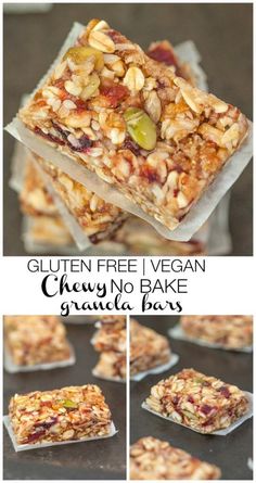 several different pictures of granola bars with nuts and raisins on top, including one