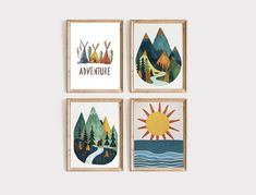 four framed art prints featuring mountains, trees and the words'adventure'on them