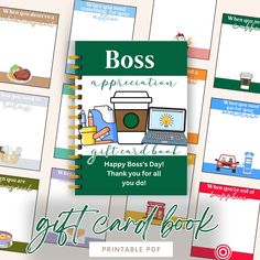 the boss appreciation gift card book is open and ready to be filled with notes, pictures, and gifts