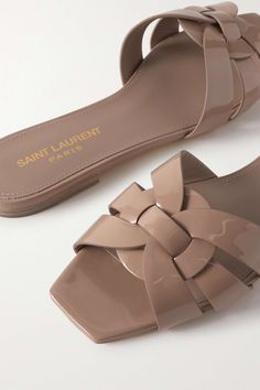 Beige Nu Pieds woven patent-leather slides | SAINT LAURENT | NET-A-PORTER Ysl Sandals Flat, Classy Slides, Beige Sandals Flat, Nude Slippers, Ysl Tribute Sandals, Flat Sandals Outfit, Classy Sandals, Saint Laurent Sandals, Luxury Sandals