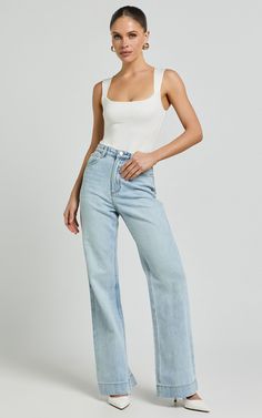 Emman Jeans - High Waisted Cotton Wide Leg Denim Jeans in Sunday Blue Everyday White Denim Flare Jeans, Classic Light Wash Flare Jeans For Summer, Timeless Jeans, Wide Leg Denim Jeans, Coastal Granddaughter, Wardrobe Ideas, Light Blue Denim, Wide Legs, Light Wash Jeans