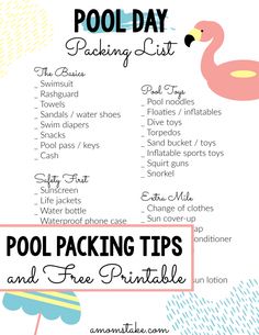 a pool packing list with text overlay that says pool day packing list and free printable