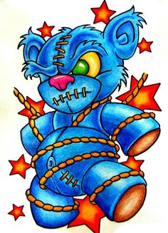 a drawing of a blue teddy bear with stars around it