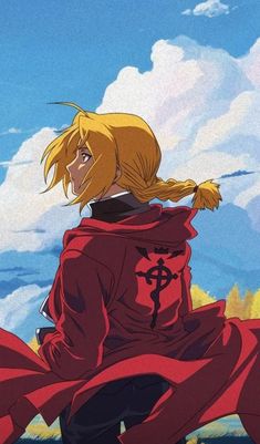 an anime character with long blonde hair and red cape standing in front of the sky