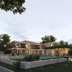 an artist's rendering of a modern house with pool and landscaping in the foreground