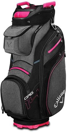 a gray and pink cart bag with wheels