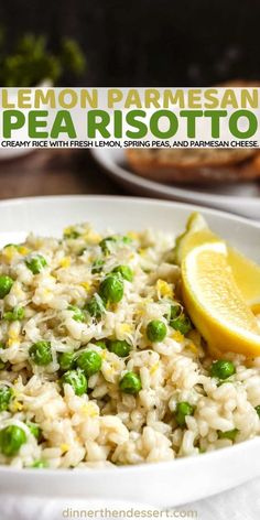 lemon parmesan pea risotto with peas and parsley on the side