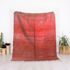 a large red rug sitting on top of a wooden floor next to potted plants