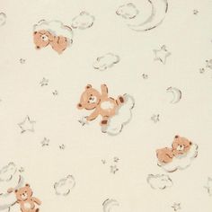 two teddy bears are flying in the sky with stars and clouds on white cotton fabric