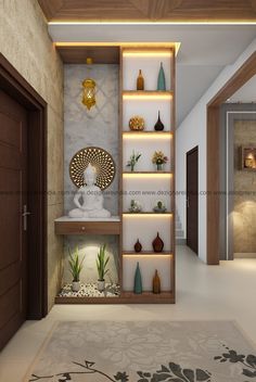 a room with shelves and vases on the wall