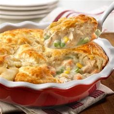 a casserole dish filled with chicken pot pie