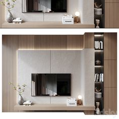 two pictures of the same wall mounted tv in different rooms, each with its own shelf