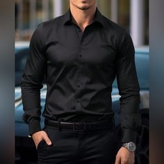 Men’s Long Sleeve, Loose Fit, Black Dress Shirt (Medium) Black Semi Formal Dress Men, Black Formal Dress Men Wedding, Black Shirt Dress Outfit, Fit Black Dress, Black Dress Shirt, Mens Wedding Attire, Shirt Dress Outfit, Groomsmen Suits, Fashion Suits For Men