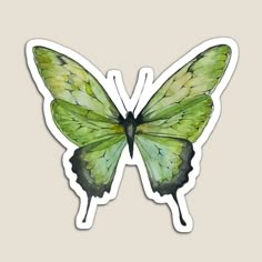 a green butterfly sticker sitting on top of a white surface