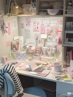 a desk with many items on it in a room that is very cluttered and organized