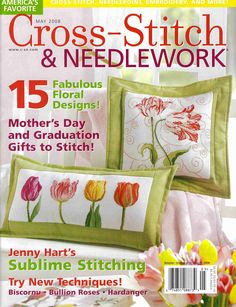 the cover of cross - stitch and needlework magazine featuring two pillows with flowers on them