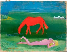 a painting of a woman laying on the ground next to a red horse eating grass