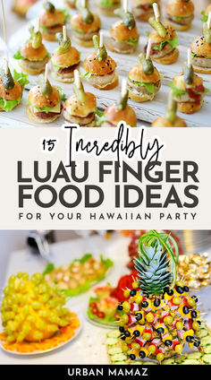 Luau Finger Food Ideas Hawaiian Finger Foods Appetizers, Survivor Themed Food Ideas, Lu Au Party, Tropical Theme Appetizers, Polynesian Party Food, Island Food Ideas, French Polynesian Food, Hawian Themed Appetizers, Surf Party Food Ideas