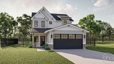 a two story house with a black garage door