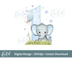 an elephant is sitting in the grass with balloons and a number one on it's back