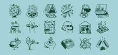 an image of various things that are drawn in black and white on a blue background