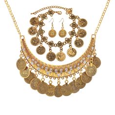 PRICES MAY VARY. Gypsy Jewelry Set: You will get 1pcs boho coins necklace, 1 pairs coins dangle earrings and 1pcs coins bracelets. The boho jewelry sets can be matched with your wedding dresses, skirt and t-shirt. Gold Coins Necklace Earrings Bracelet: This boho jewelry sets feature a coins design that is perfect for dresses. The coins dangle earrings are strong, durable, comfortable and suitable for most ages and occasions! Halloween Jewelry Set: The coins bracelet are suitable for any occasion Belly Dance Jewelry, Costume For Women, Dance Necklace, Coin Design, Vintage Jewelry Sets, Gold Coin Necklace, Coin Bracelet, Coin Pendant Necklace, Women's Jewelry Sets