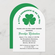 a st patrick's day baby shower is shown on the front of this card